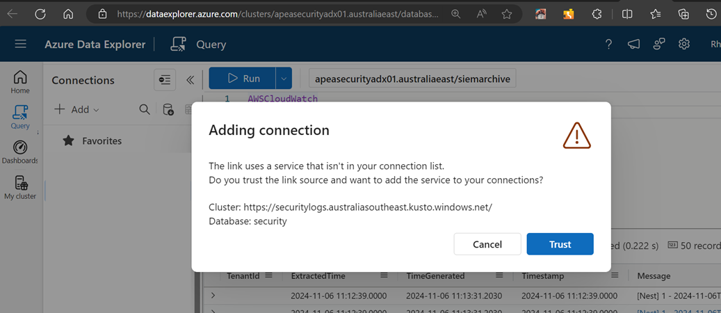 Azure Data Explorer connection