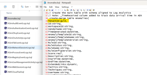 Log Analytics schema export